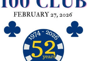 100 Club llogo with a poker chip with the dates 1974-2025 and a 52 Years in big bold.