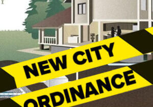 illustrated home in mower county with ellow and black caution tape which reads "New City Ordinance"